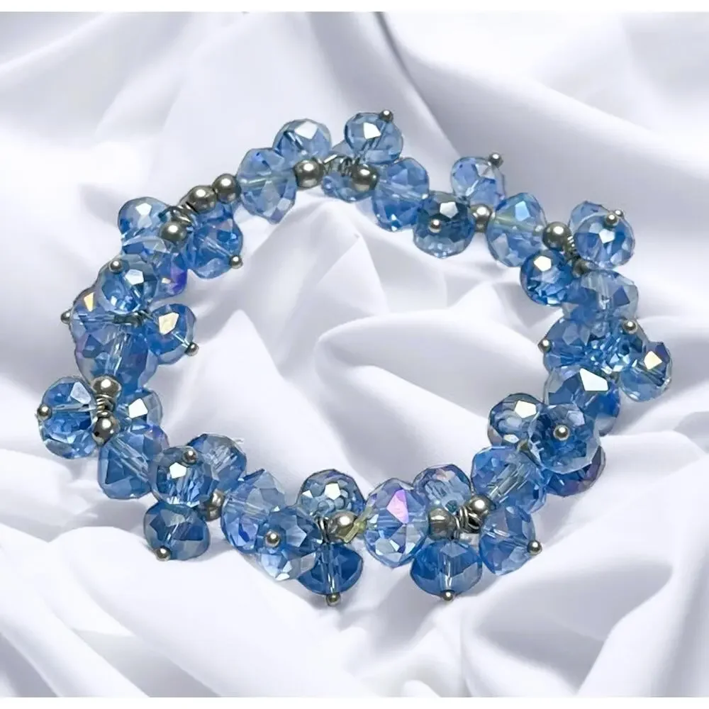 Vintage Ice Blue Cluster Crystal Glass Iridescent Beads & Silver Balls Bracelet